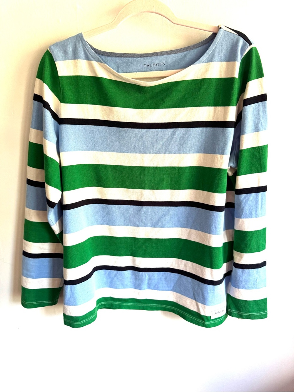 Talbots Women’s Striped Long-Sleeve Shirt in Deep Navy, Green & Light Blue